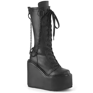 Demonia SWING-150 | Black Stretch Vegan Leather Knee High Boots