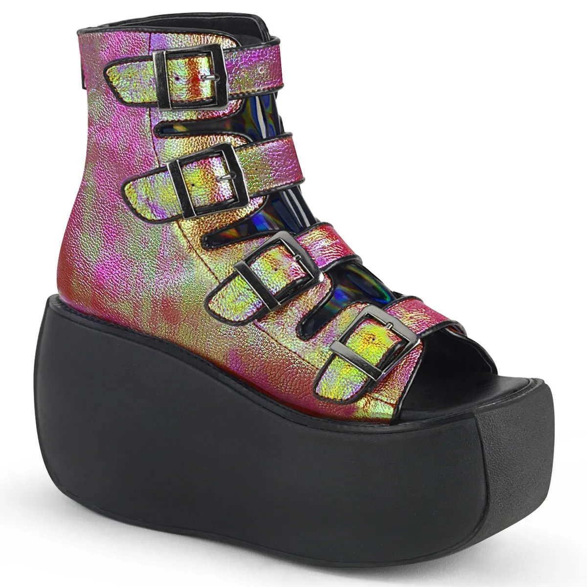 Demonia VIOLET-150 | Pink & Green Iridescent Vegan Leather Ankle Boots