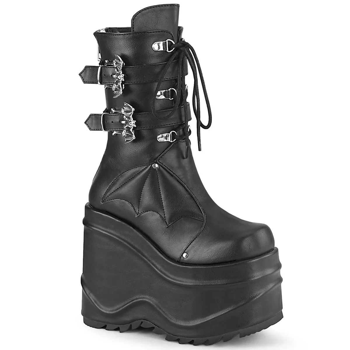 Demonia WAVE-150 | Black Vegan Leather Mid-Calf Boots