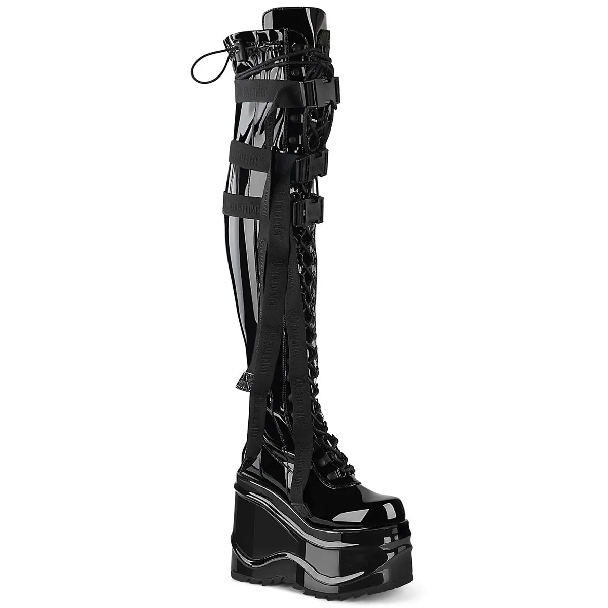 Demonia WAVE-315 | Black Stretch Patent Leather Above Knee Boots