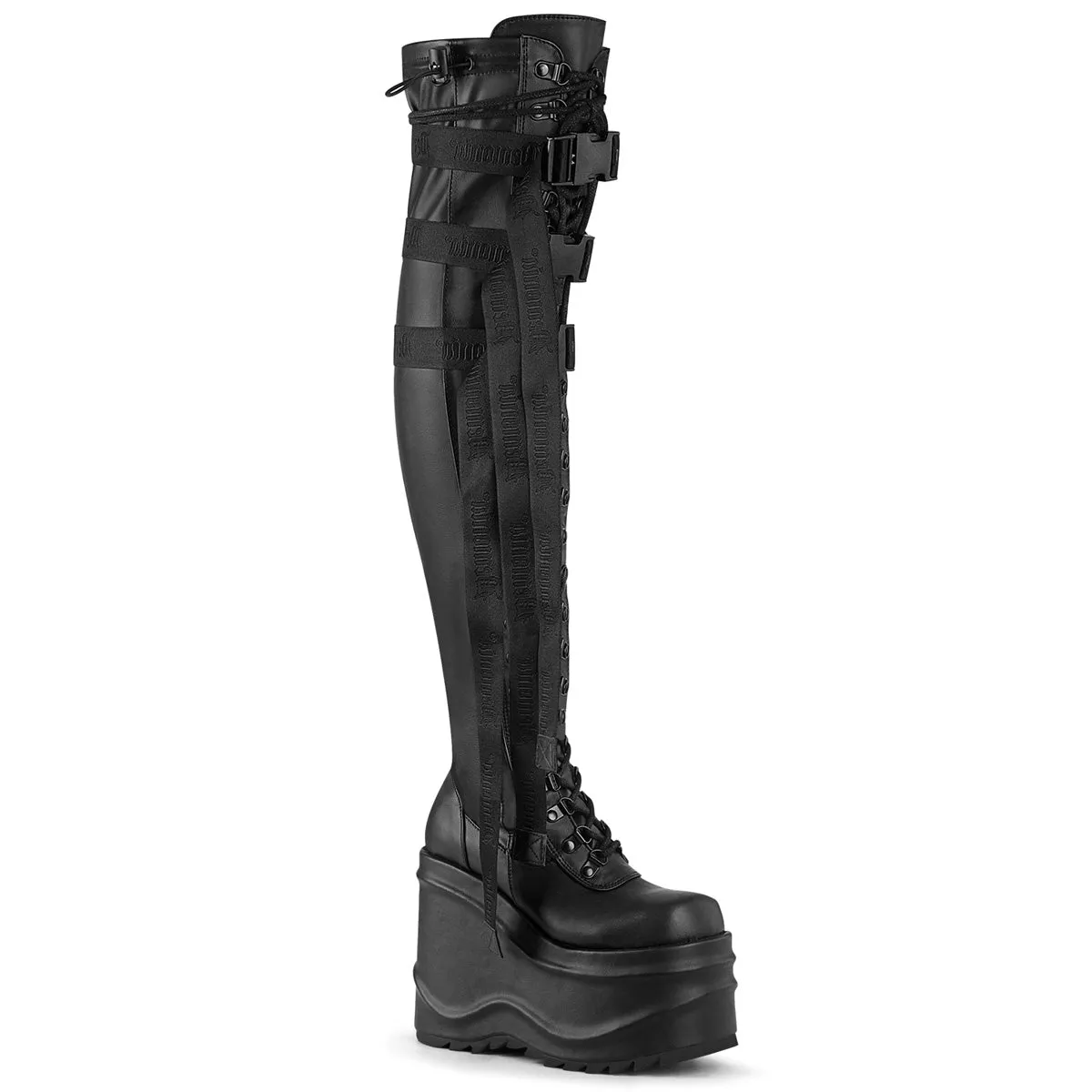 Demonia WAVE-315 | Black Stretch Vegan Leather Above Knee Boots