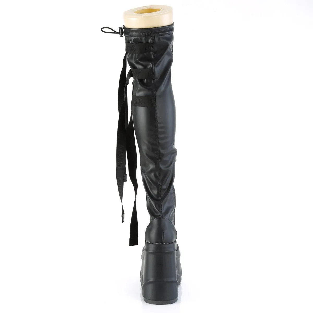 Demonia WAVE-315 | Black Stretch Vegan Leather Above Knee Boots