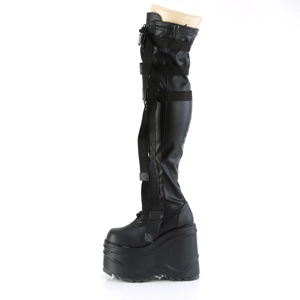 Demonia WAVE-315 | Black Stretch Vegan Leather Above Knee Boots