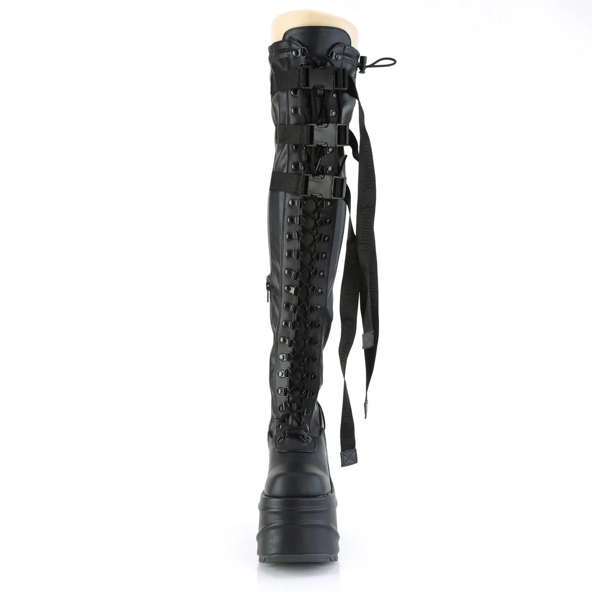 Demonia WAVE-315 | Black Stretch Vegan Leather Above Knee Boots