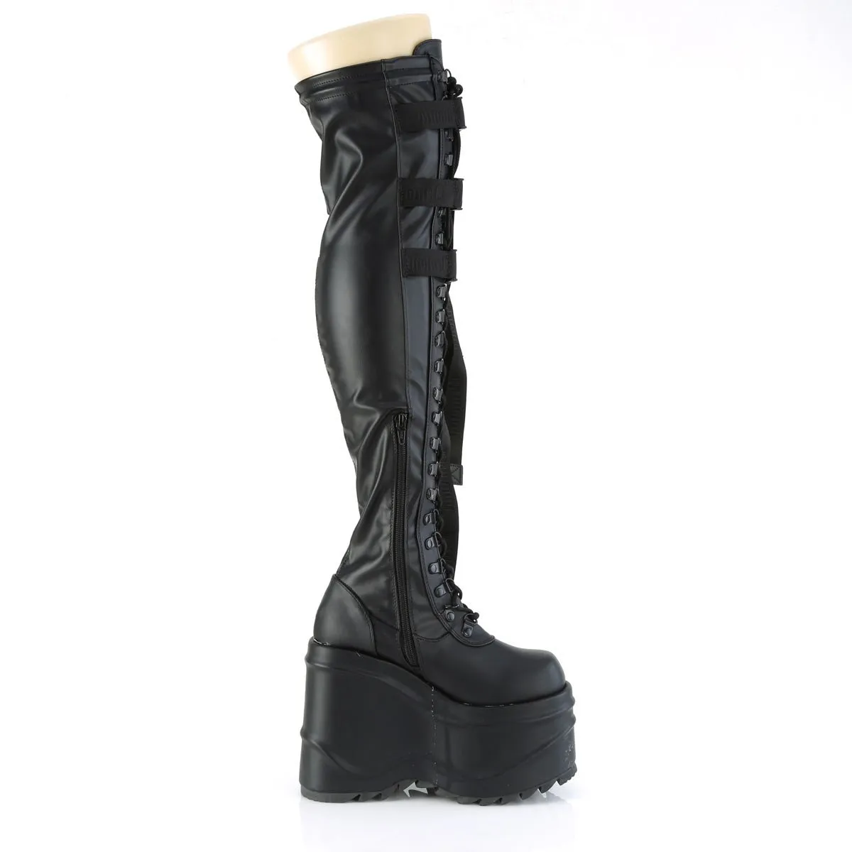 Demonia WAVE-315 | Black Stretch Vegan Leather Above Knee Boots