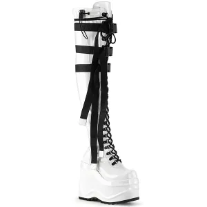 Demonia WAVE-315 | White Stretch Patent Leather Above Boots