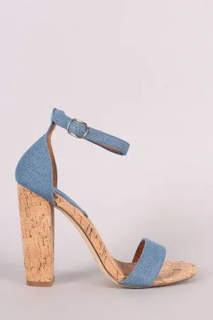 Denim Ankle Strap Open Toe Chunky Cork Heel