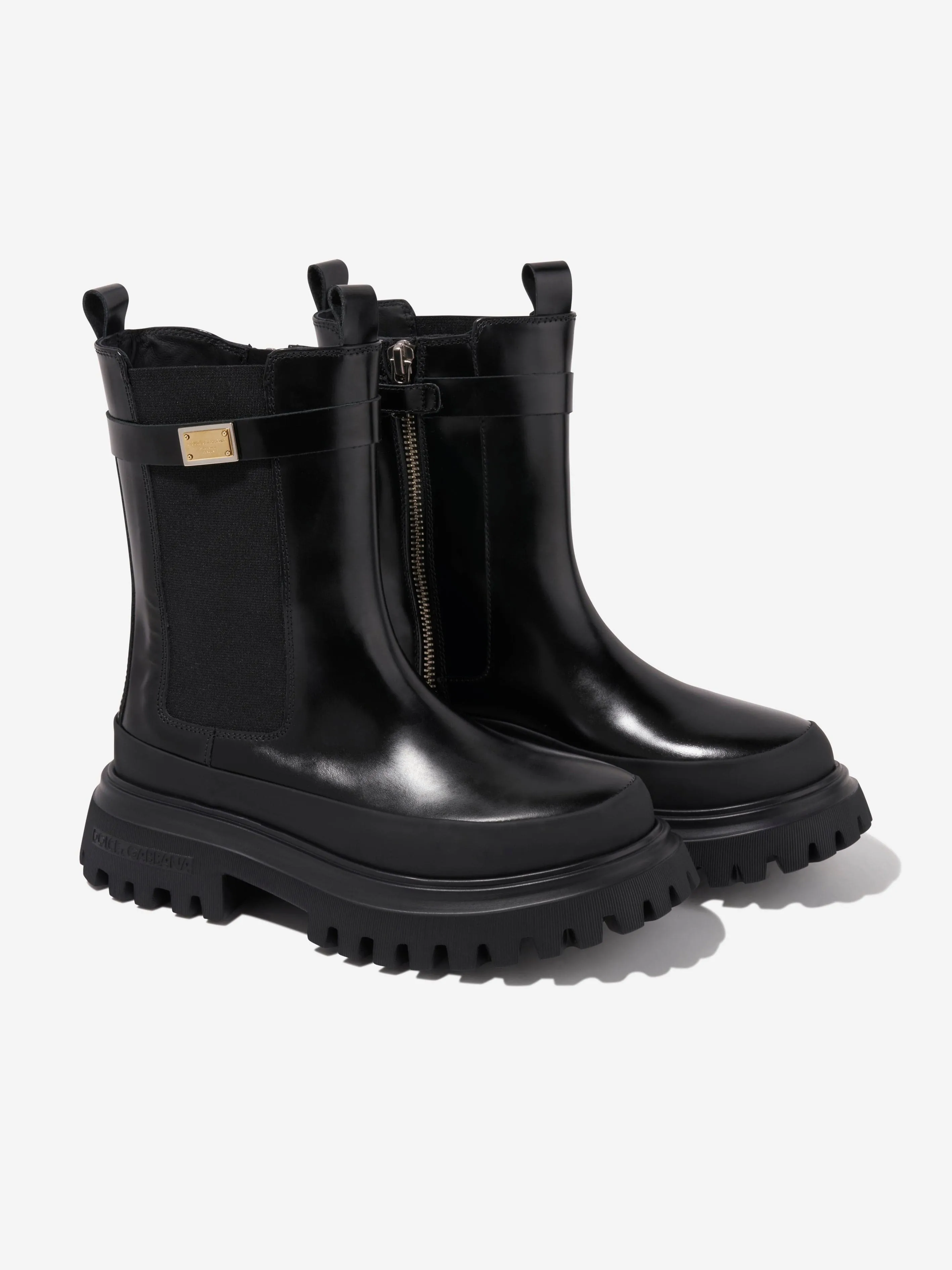 Dolce & Gabbana Girls Leather Logo Tag Boots in Black