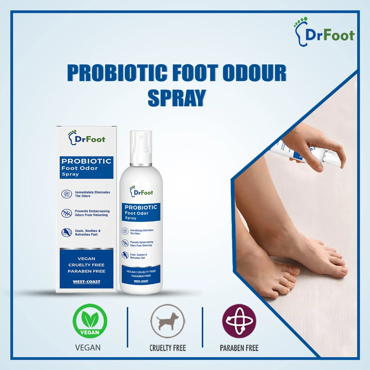 Dr Foot Probiotic Foot Unisex Odor Spray Helps To Remove Feet & Shoes Worst Odors, Cools, Soothes & Refreshes Feet With The Goodness Of Lemon Grass Oil, Tea Tree Oil - 100Ml