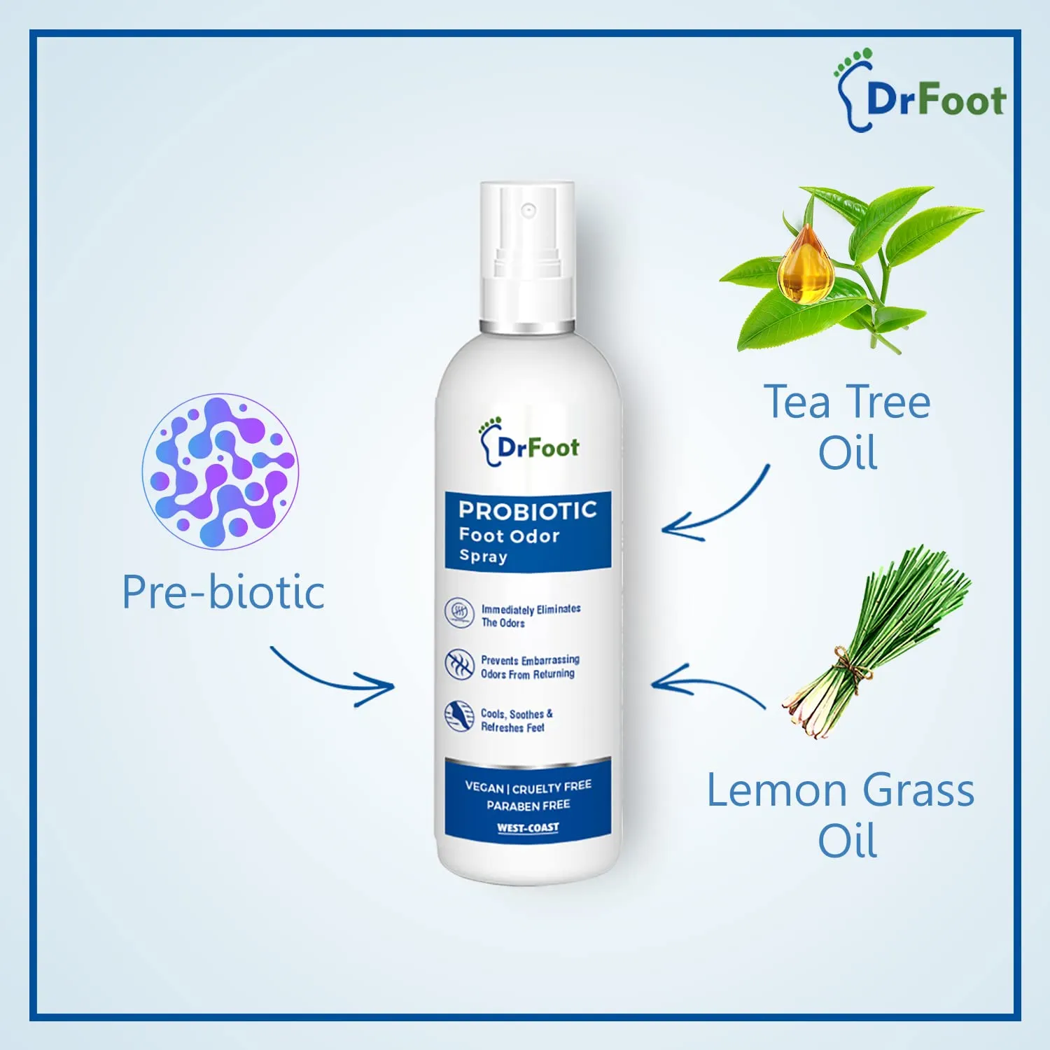 Dr Foot Probiotic Foot Unisex Odor Spray Helps To Remove Feet & Shoes Worst Odors, Cools, Soothes & Refreshes Feet With The Goodness Of Lemon Grass Oil, Tea Tree Oil - 100Ml