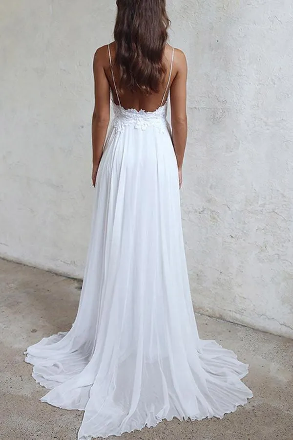 Elegant A-line Straps White Long Chiffon Beach Wedding Dress WD102