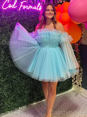 Elegant A-line Tulle Light Blue Short Homecoming Dresses Online, HD0733