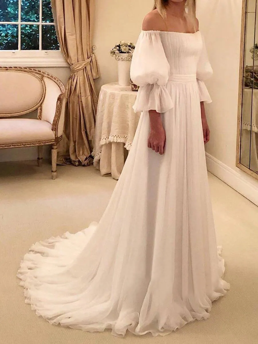 Elegant Chiffon Beach Wedding Dresses with 3/4 Sleeves