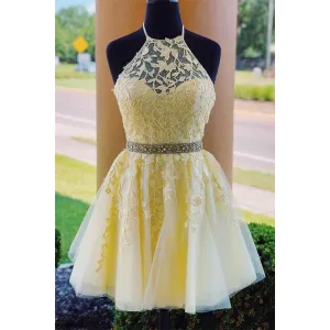 Elegant Halter Lemon A-line Applique Tulle Short Homecoming Dresses Online, HD0680