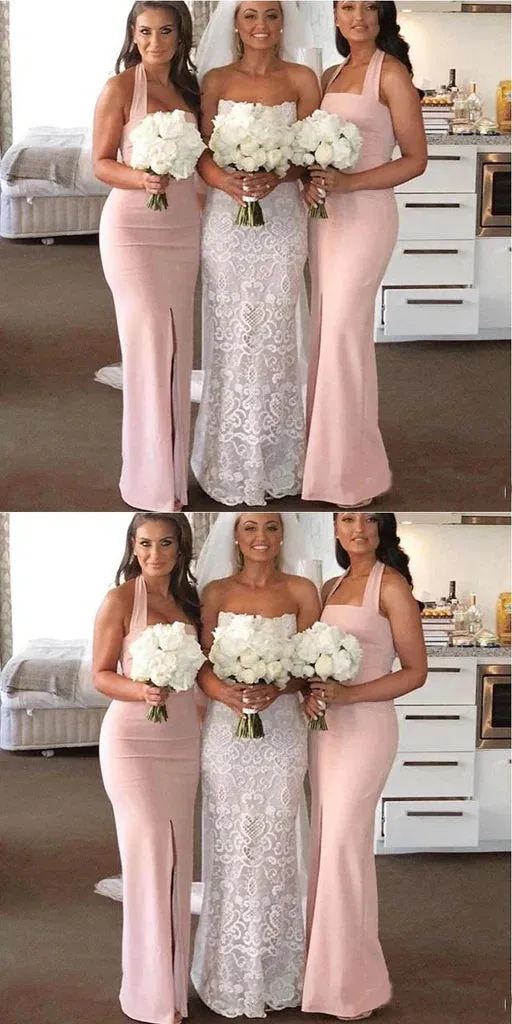 Elegant Halter Mermaid Front Slit Jersey Blush Long Bridesmaid Dresses Online, BG761