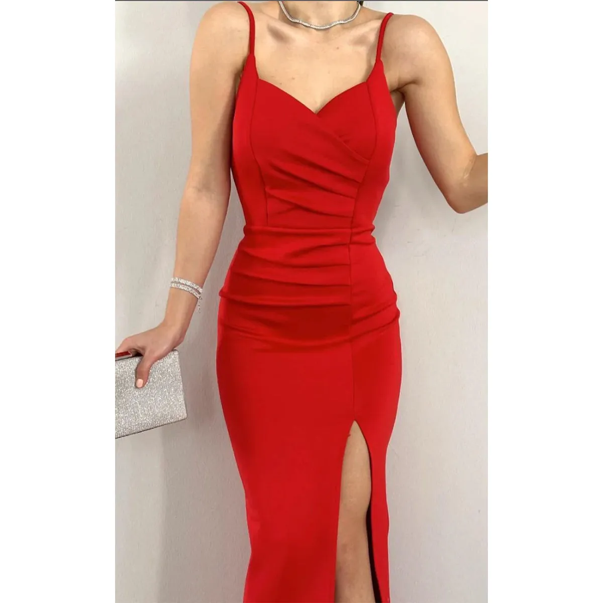 Elegant Jersey Spaghetti Straps Mermaid Side Slit Red Long Bridesmaid Dresses Online, BG636