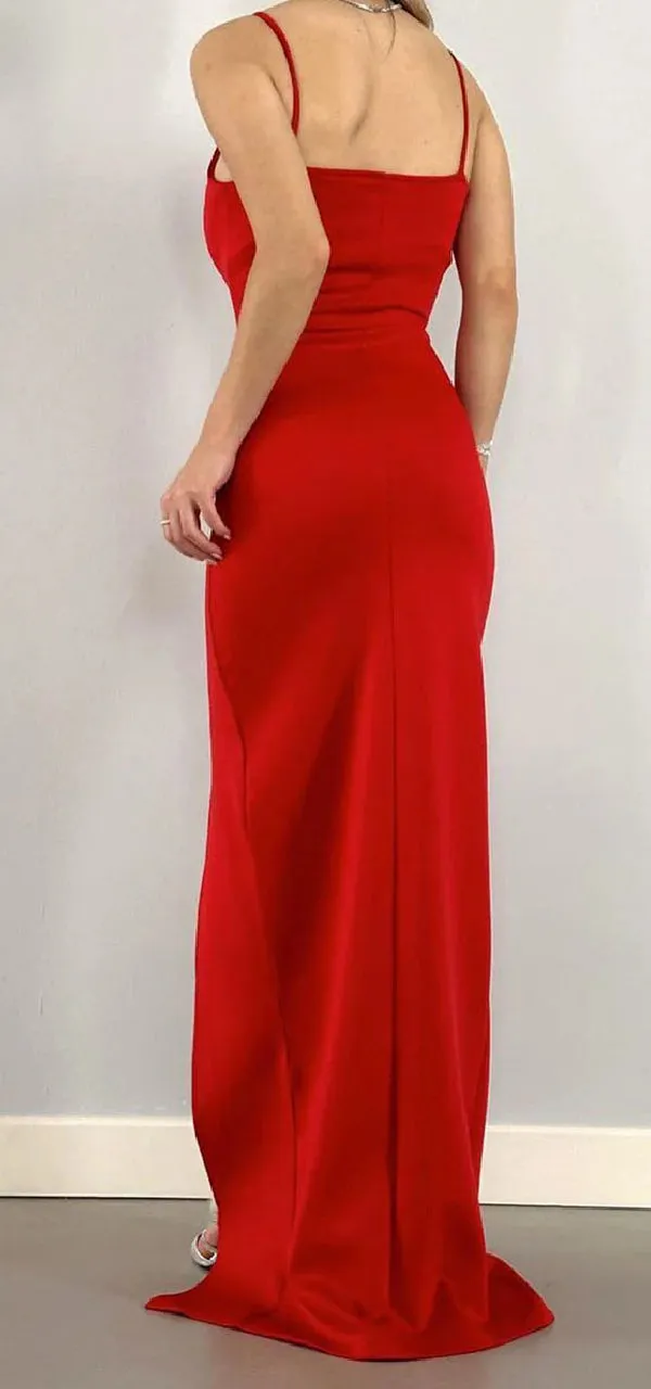 Elegant Jersey Spaghetti Straps Mermaid Side Slit Red Long Bridesmaid Dresses Online, BG636