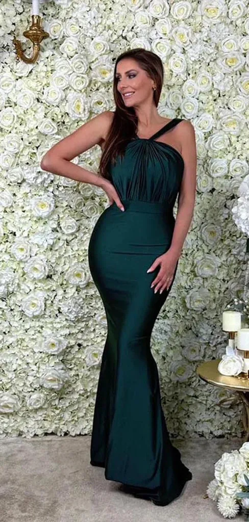 Elegant Mermaid Dark Green Sleeveless Satin Long Bridesmaid Dresses Online, BG694