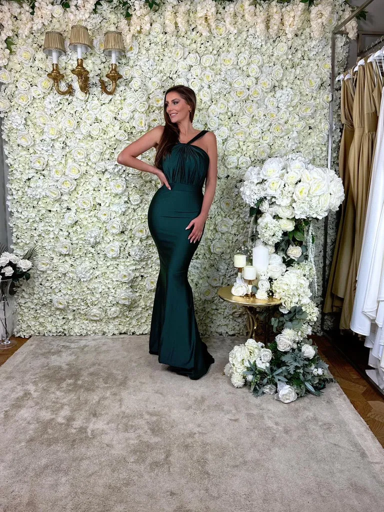 Elegant Mermaid Dark Green Sleeveless Satin Long Bridesmaid Dresses Online, BG694