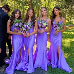 Elegant Mermaid Side Slit V-neck Satin Long Bridesmaid Dresses Online, BG705