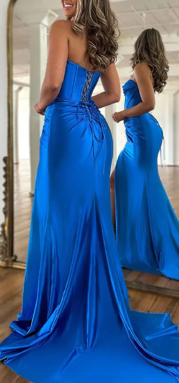 Elegant Mermaid Sweetheart Royal Blue Side Slit Satin Bridesmaid Dresses Online, BG579