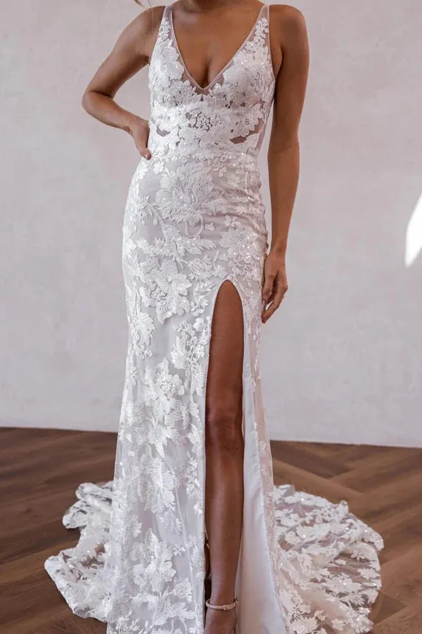 Elegant Mermaid V Neck Lace Boho Wedding Dresses with Slit WD679