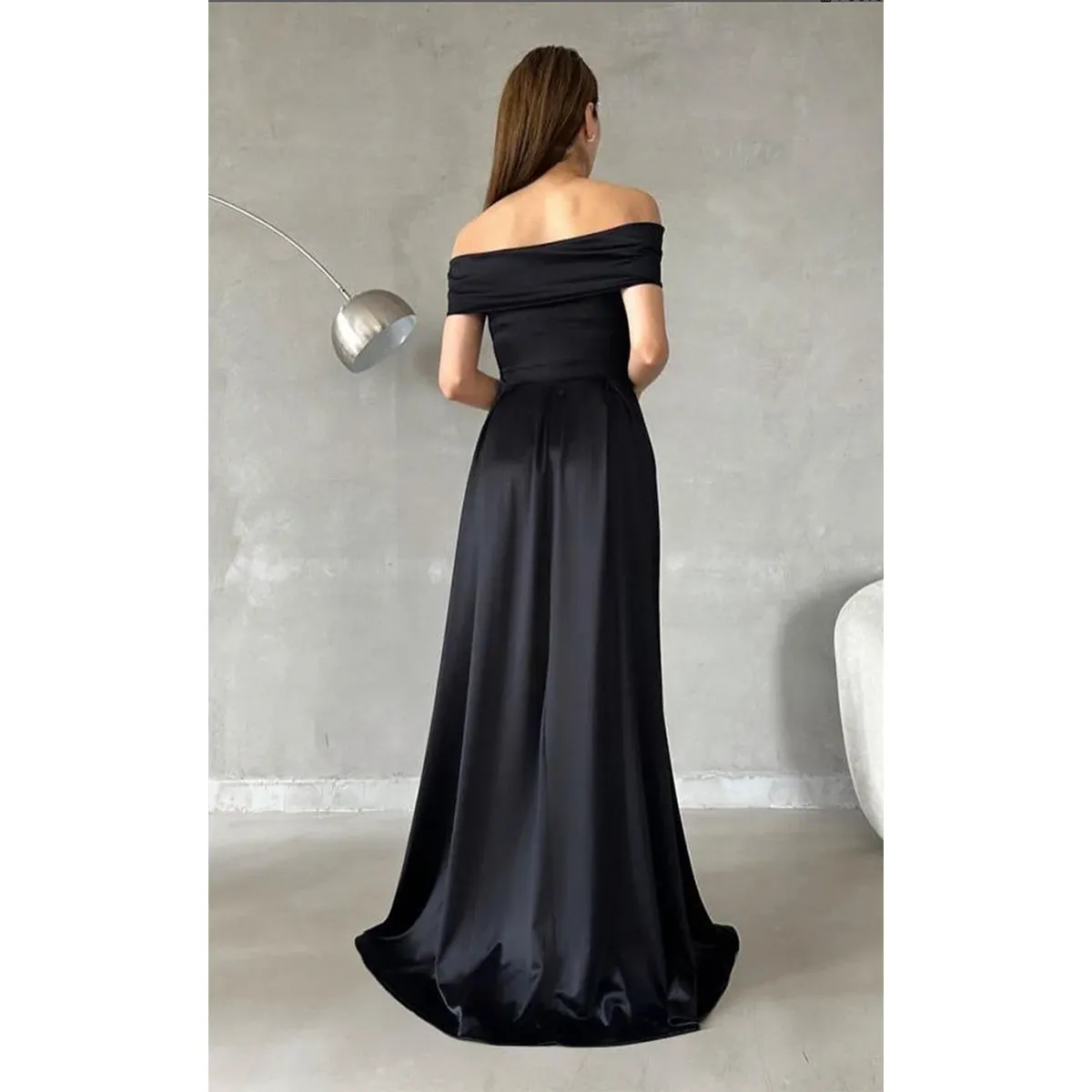 Elegant Off Shoulder A-line Satin Black Long Bridesmaid Dresses Online , BG665