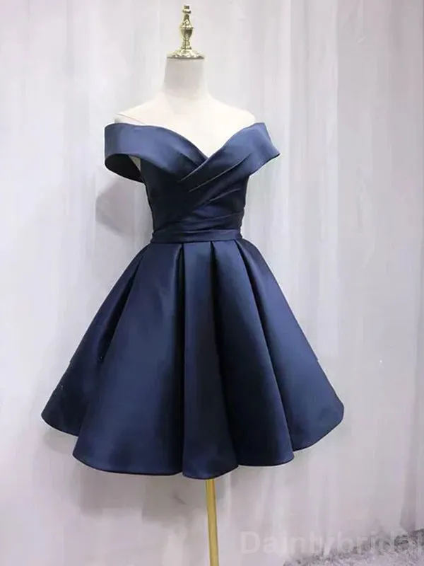 Elegant Off Shoulder A-line Satin Dark Navy Short Homecoming Dresses Online, HD0668