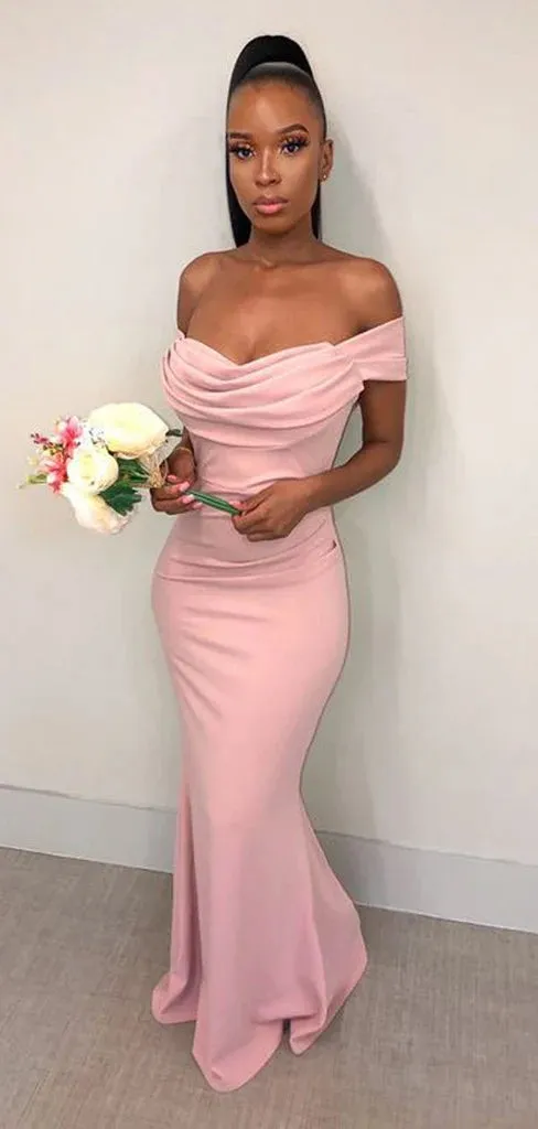 Elegant Off Shoulder Mermaid Pink Jersey Long Bridesmaid Dresses Online, BG715