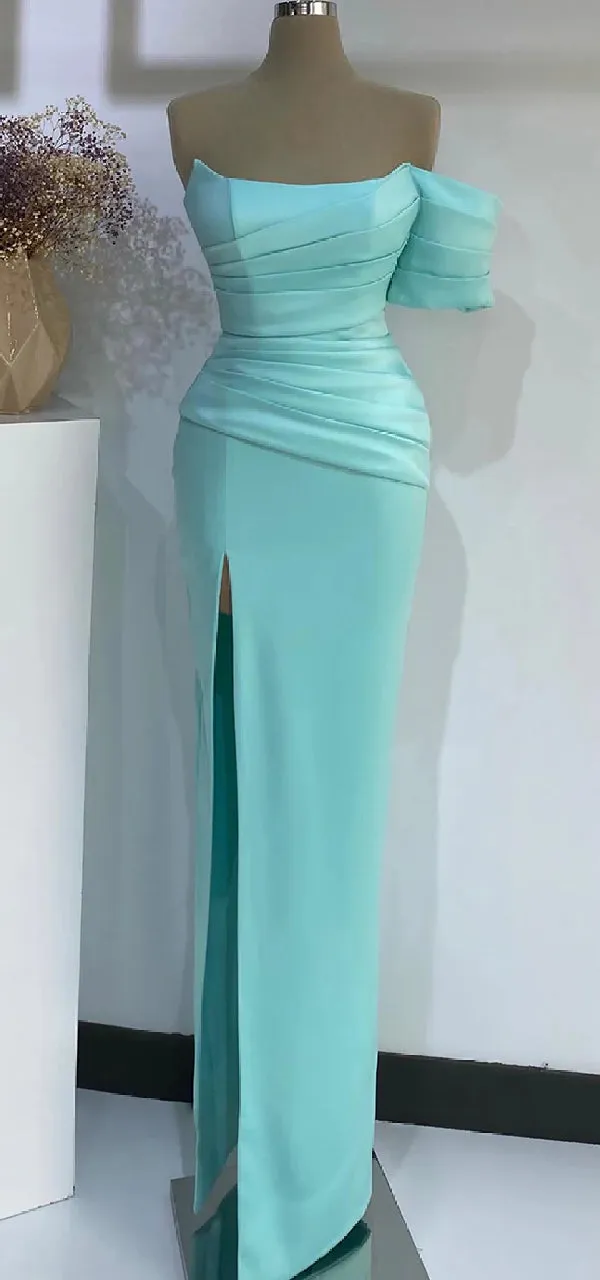 Elegant Off Shoulder Mermaid Side Slit Satin Long Bridesmaid Dresses Online, BG614