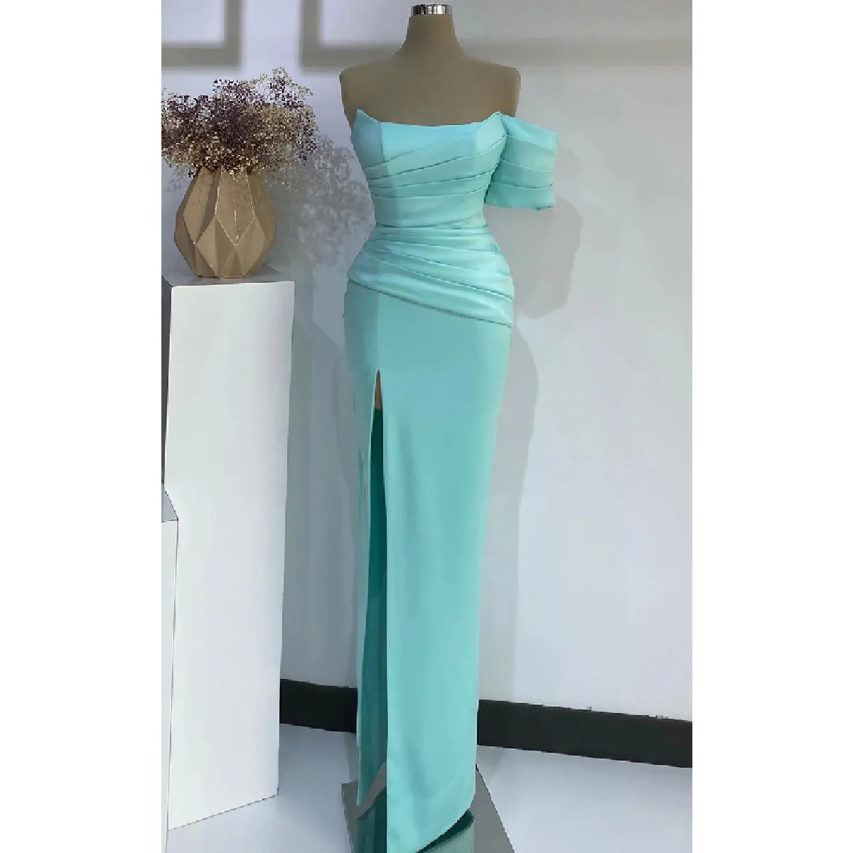 Elegant Off Shoulder Mermaid Side Slit Satin Long Bridesmaid Dresses Online, BG614