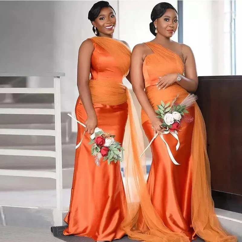 Elegant One Shoulder Mermaid Satin Orange Long Bridesmaid Dresses Online, BG760