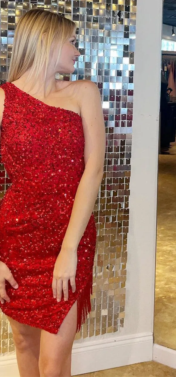 Elegant One Shoulder Mermaid Sequins Red Short Homecoming Dresses Online, HD0785