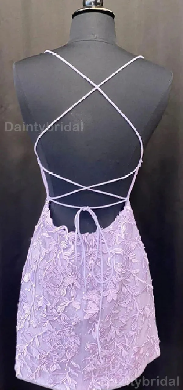 Elegant Spaghetti Straps A-line Lilac Applique Short Homecoming Dresses Online, HD0678