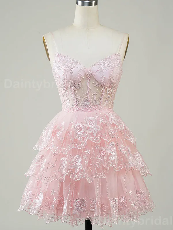 Elegant Spaghetti Straps A-line Tulle Applique Blush Short Homecoming Dresses Online, HD0704