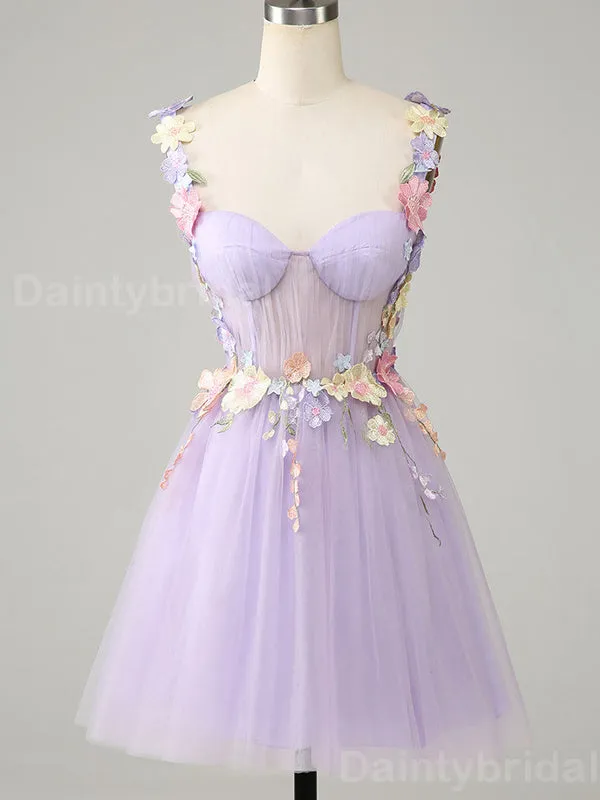 Elegant Spaghetti Straps A-line Tulle Applique Flowers Short Homecoming Dresses Online, HD0707