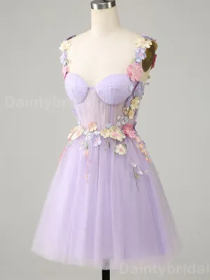 Elegant Spaghetti Straps A-line Tulle Applique Flowers Short Homecoming Dresses Online, HD0707