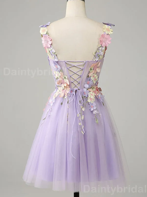 Elegant Spaghetti Straps A-line Tulle Applique Flowers Short Homecoming Dresses Online, HD0707