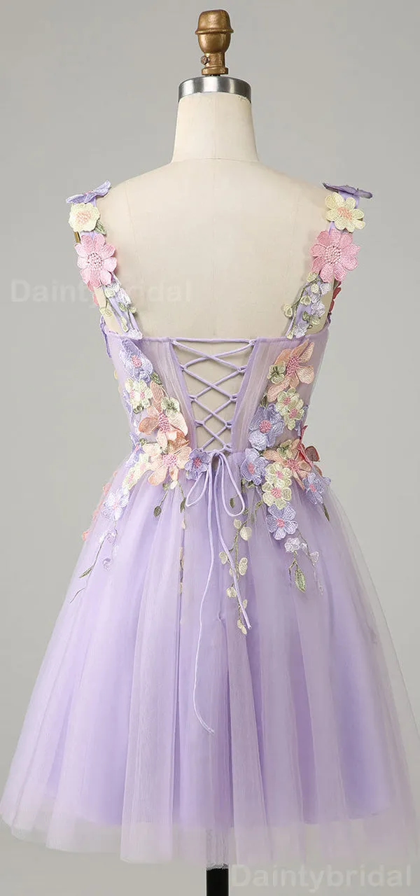 Elegant Spaghetti Straps A-line Tulle Applique Flowers Short Homecoming Dresses Online, HD0707