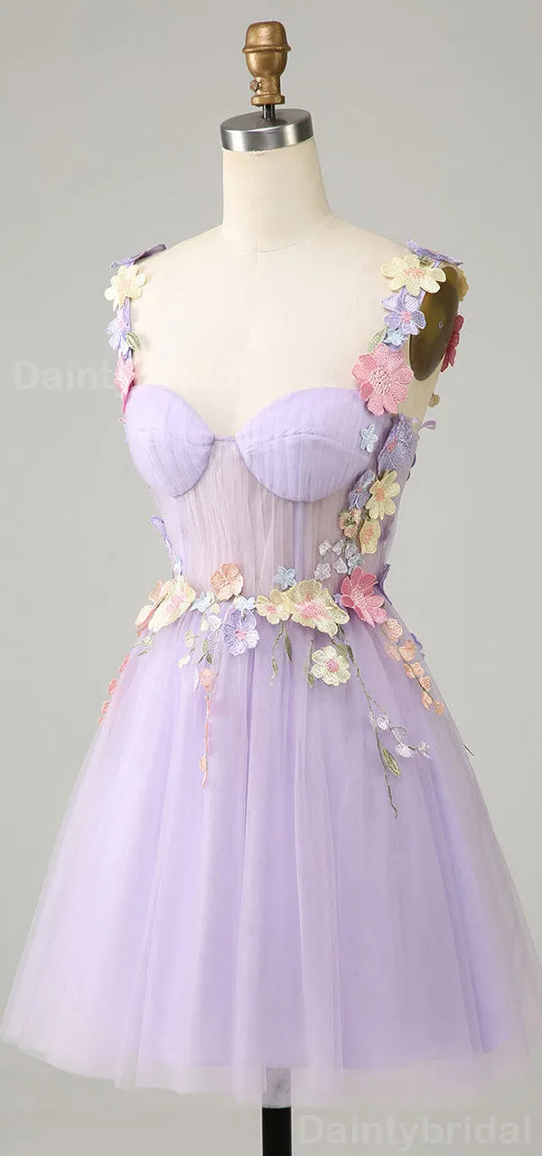 Elegant Spaghetti Straps A-line Tulle Applique Flowers Short Homecoming Dresses Online, HD0707