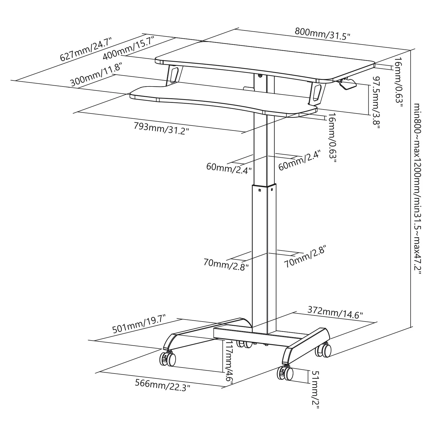 Ergo Office ER-444 W Height Adjustable Sit-Stand Desk With Castors Workstation With Double Platform Loadable Up To 8kg White