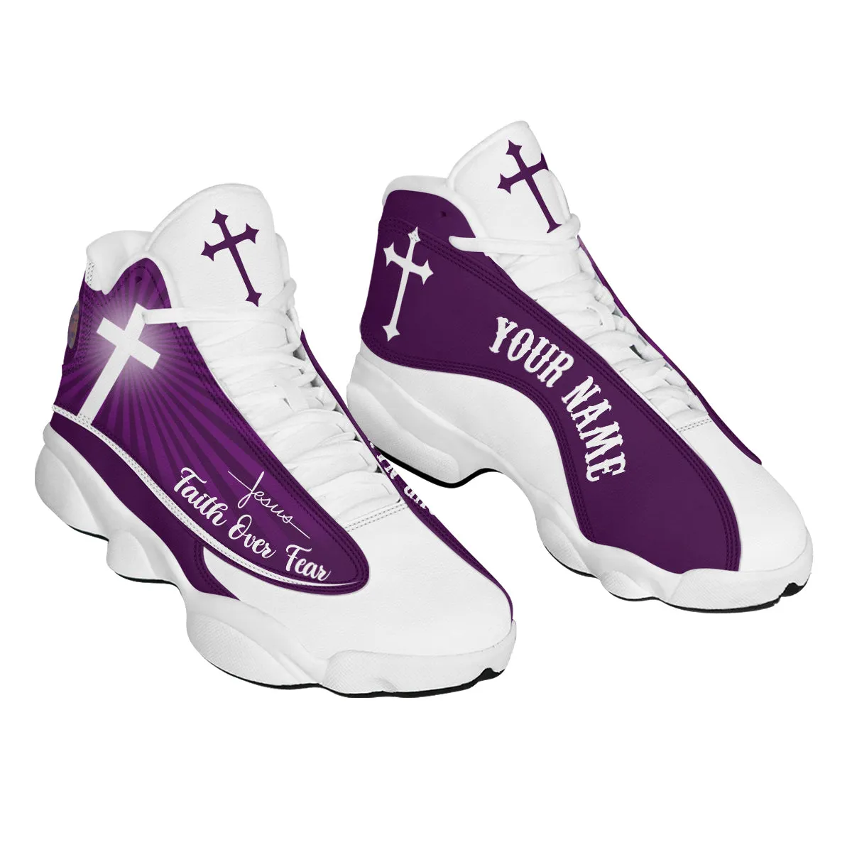 Faith Over Fear Personalized Purple Jesus Basketball Shoes For Men Women - Christian Shoes - Jesus Shoes - Unisex Basketball Shoes