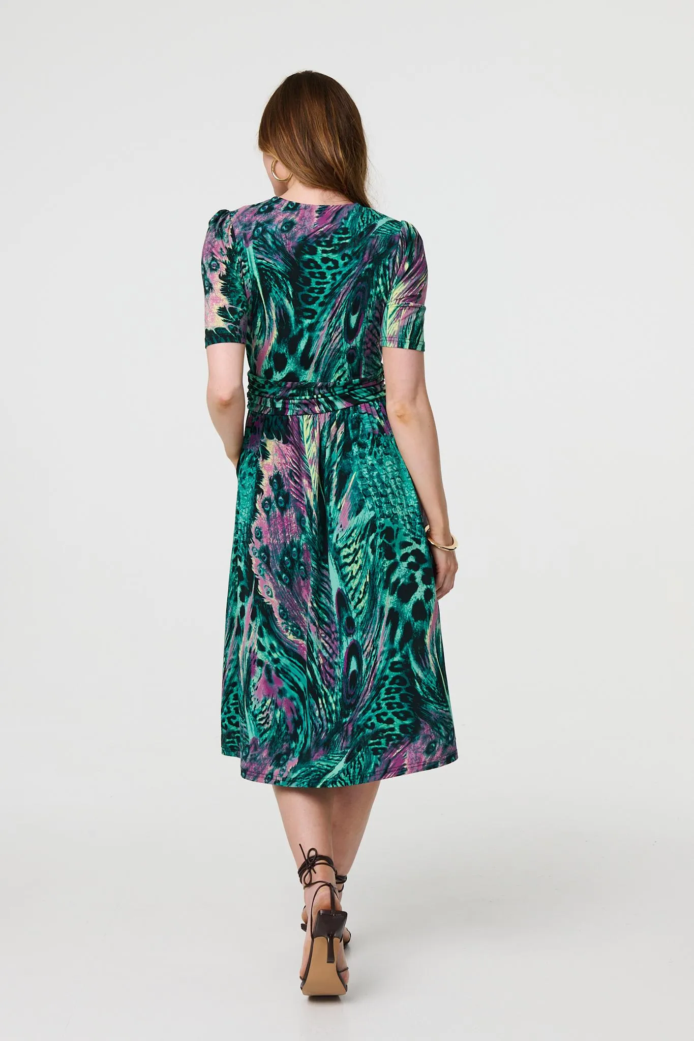 Feather Print 1/2 Sleeve Wrap Midi Dress