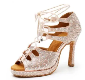 Flesh Satin Rhinestone Samba Platform Dance Heels