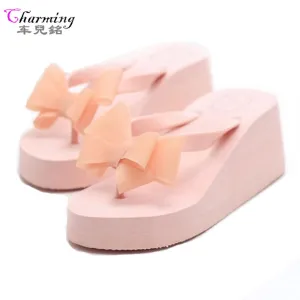 Free Shipping Women Sandals 2015 Flowers Wedges Summer Sandals sweet bowtie Women platform Beach Flip Flops Women Shoes ALF108