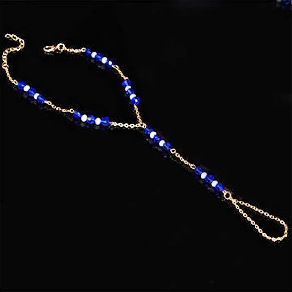 Gold Blue Glass Beads Foot Chain Jewelry, Barefoot Sandals Set