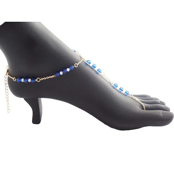 Gold Blue Glass Beads Foot Chain Jewelry, Barefoot Sandals Set