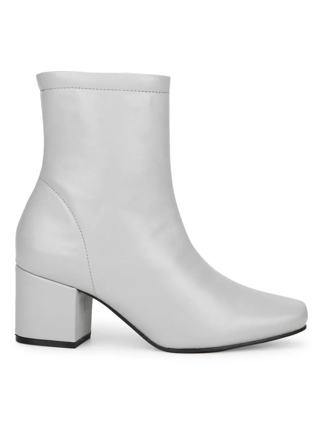 Grey PU Zip Up Block Heel Ankle Boots