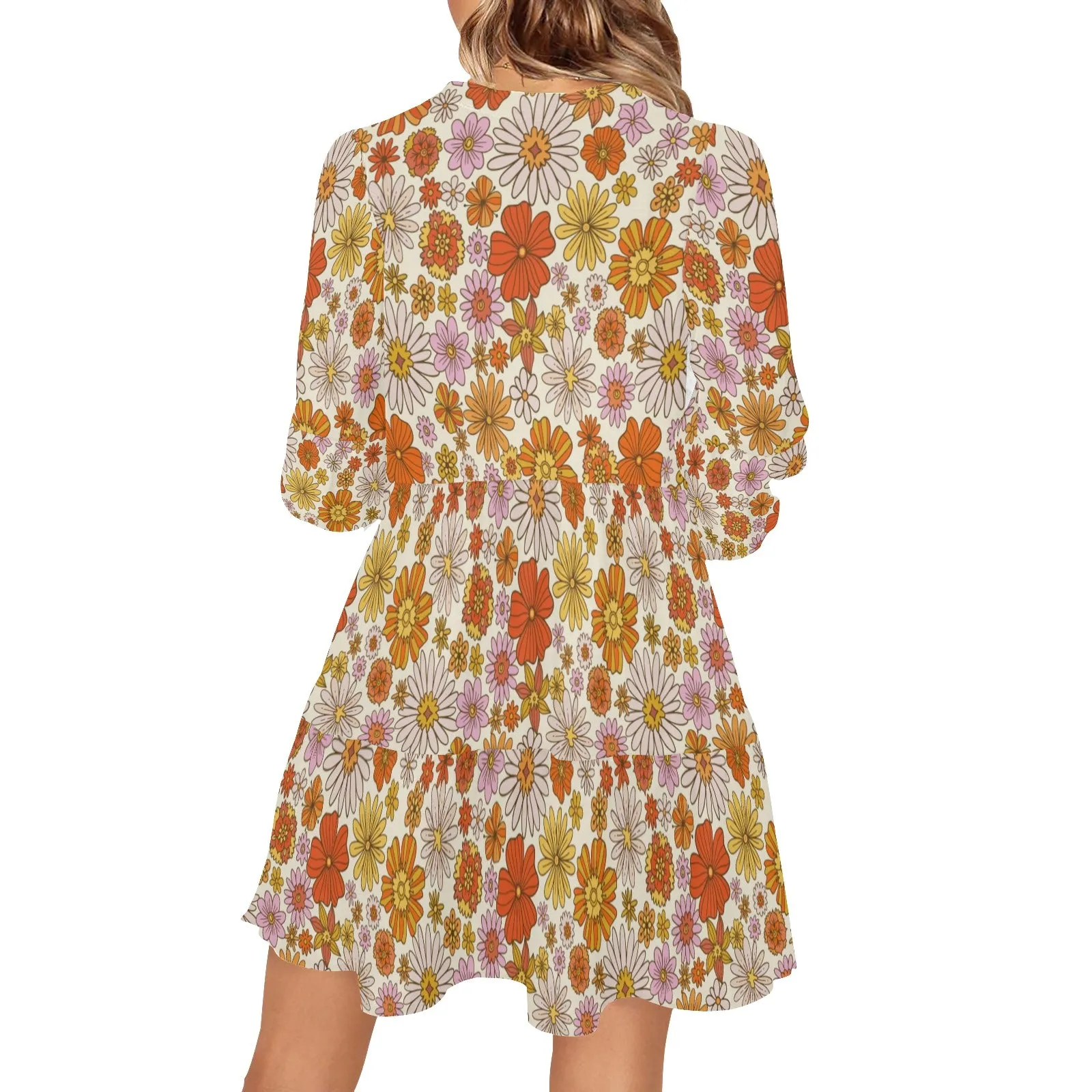 Groovy Floral Flowy Gauze Dress Women, Retro 70s Flowers Orange Boho 1970s Vintage Hippie Summer V Neck Festival Casual Mini Long Sleeve