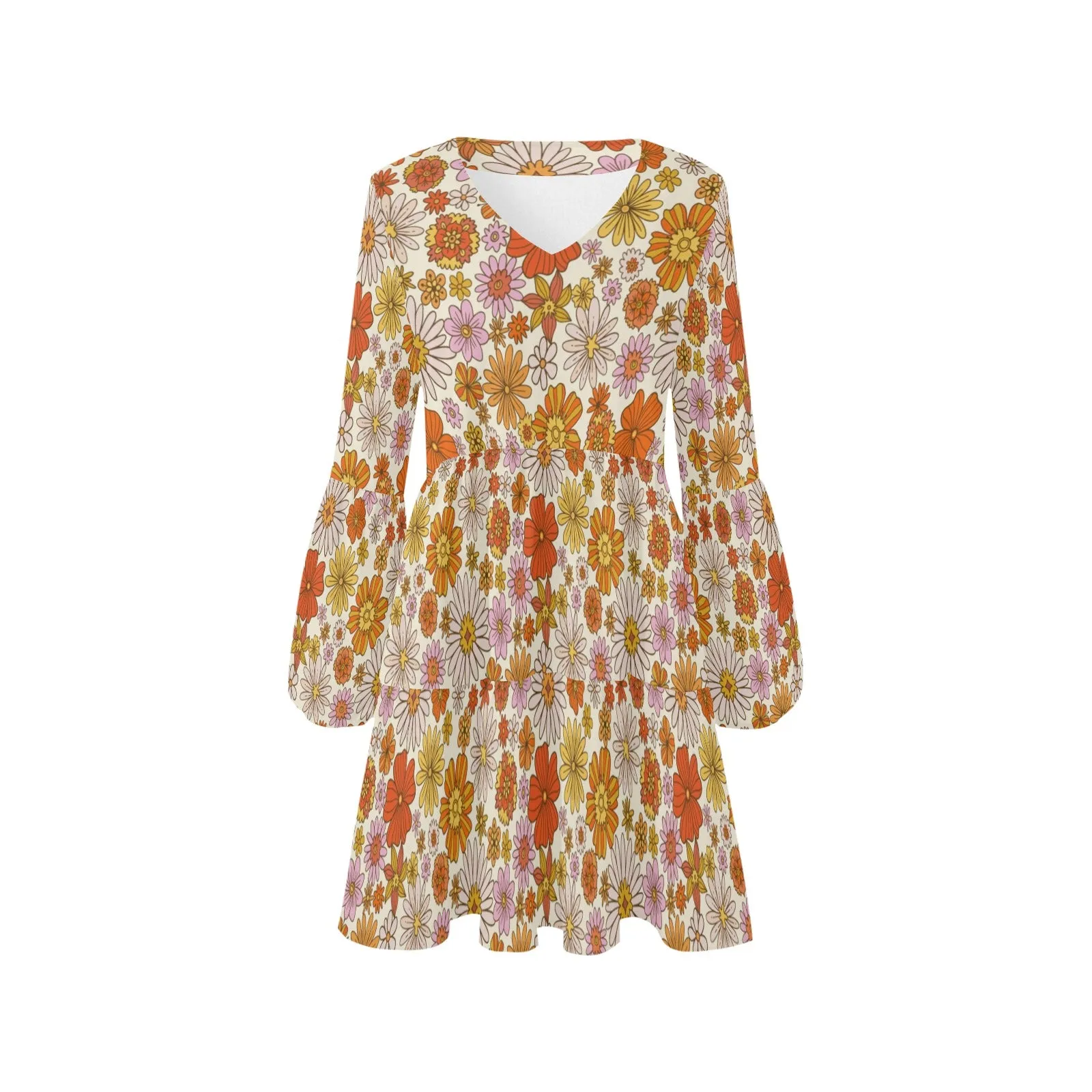 Groovy Floral Flowy Gauze Dress Women, Retro 70s Flowers Orange Boho 1970s Vintage Hippie Summer V Neck Festival Casual Mini Long Sleeve